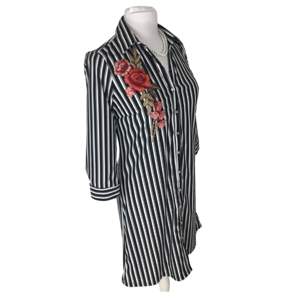 Mlle Gabrielle Black White Striped Stretch Button Down Shirt Dress size  Small - Picture 4 of 16